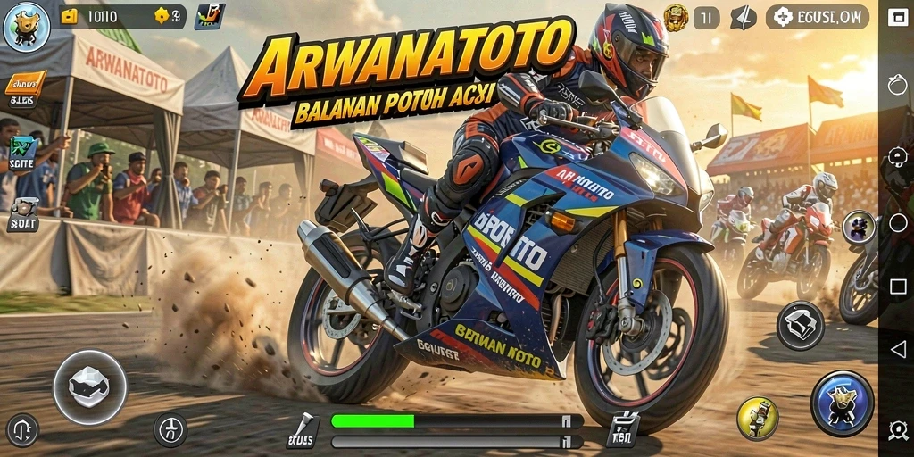 Screenshot gameplay ARWANATOTO yang menunjukkan aksi balapan motor yang seru.