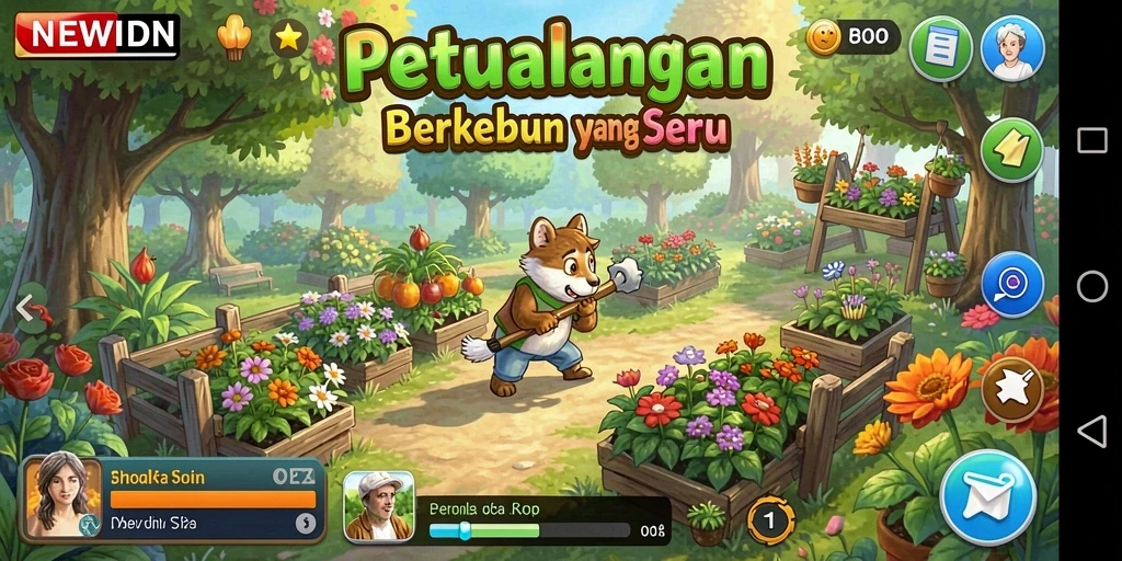 Tampilan gameplay NEWIDN menampilkan kebun yang subur dan aktivitas berkebun yang seru.